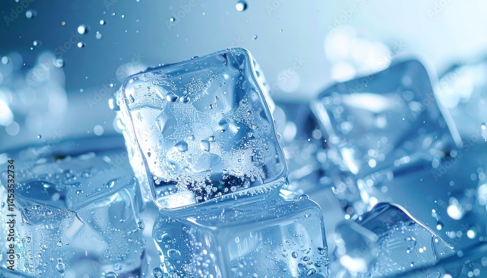 Close-up of ice cubes in a cool blue environment with water droplets. Close-up of ice cubes in a cool blue environment with water droplets.
