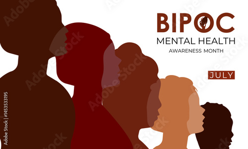Illustration on the theme of Bipoc mental health awareness month July poster design. Holiday concept. African-American woman and text minority mental health awareness month. Realistic ribbon.
