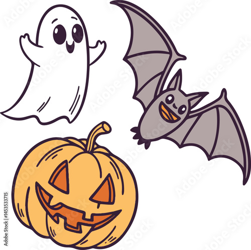 Cute Halloween Ghost, Bat, and Pumpkin Vector Illustration