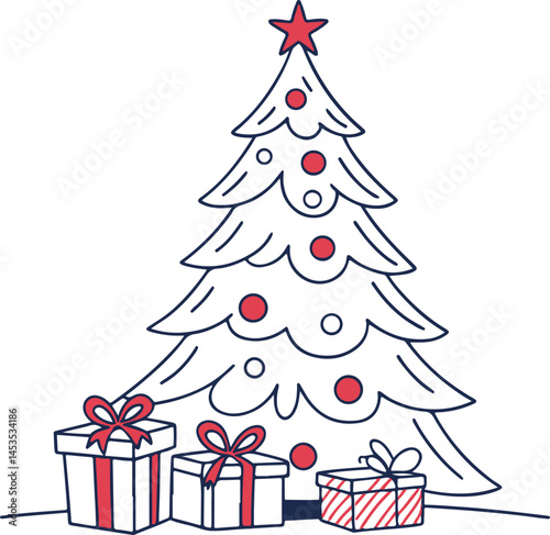 Hand-Drawn Christmas Tree with Gift Boxes – Holiday Illustration with Red and White Decorations