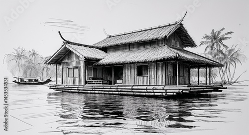 Floating bamboo raft house building design in sketch hand drawing black and white on plain white background