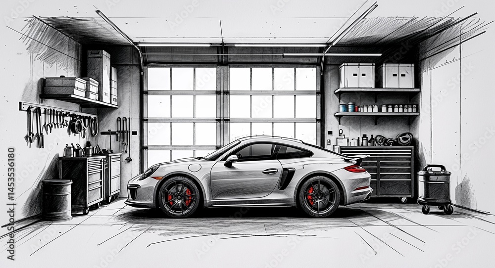 Obraz premium Garage with car tools and storage shelves design in sketch hand drawing black and white on plain white background