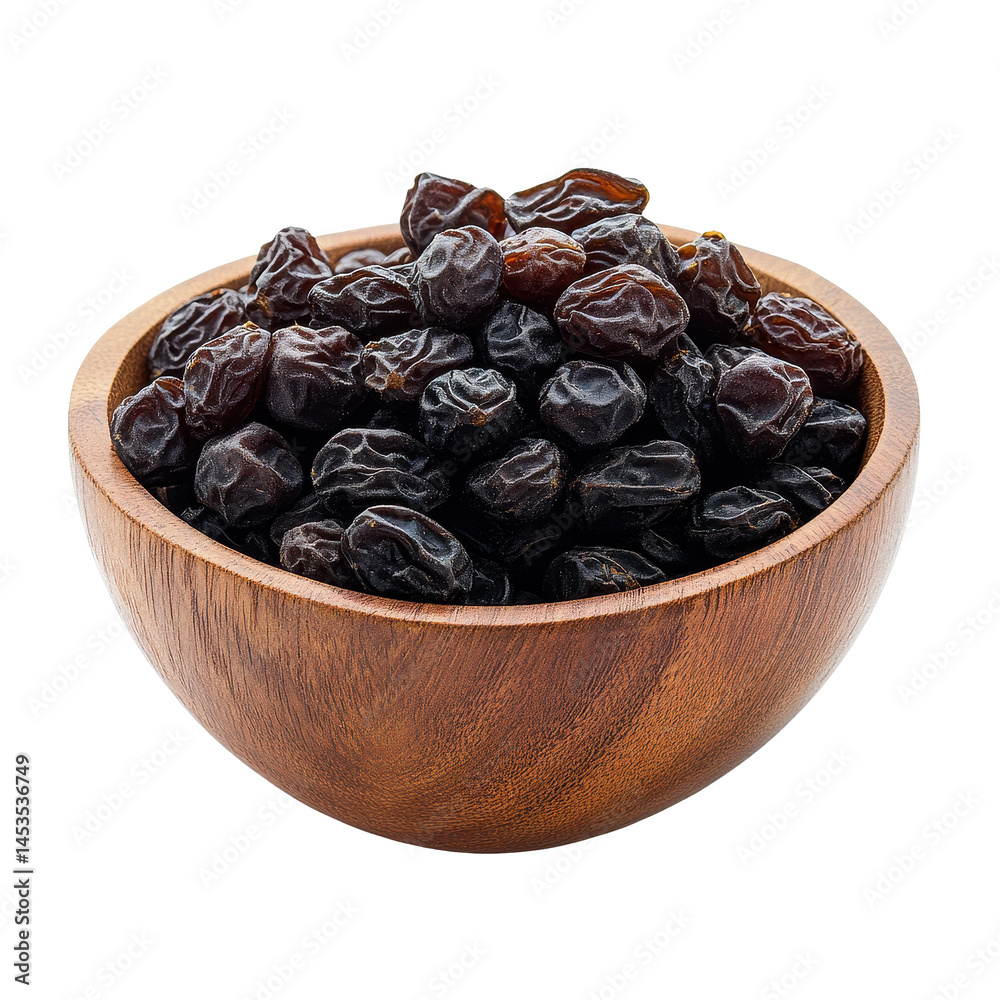 Fresh raisins in a wooden bowl placed on a Transparent background for an appealing natural display, raisin on wood bowl isolated on PNG background Fresh raisins in a wooden bowl placed on a Transparent background for an appealing natural display, raisin on wood bowl isolated on PNG background