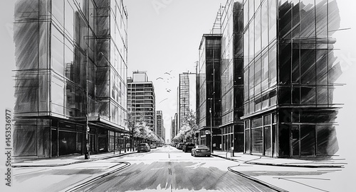 High rise street view with glass buildings design in sketch hand drawing black and white on plain white background