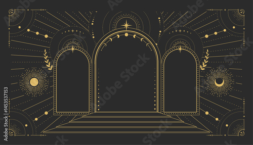 Modern magic witchcraft  astrology arch frame with stars, sun and moon on black background. Line art occult vector illustration