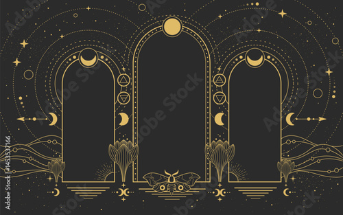 Modern magic witchcraft astrology arch frame with Four Elements, butterfly, flowers, stars, sun and moon. Line art occult vector illustration
