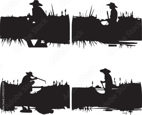 Silhouette Vector Art: Farmers Working in Rice Paddy Fields with Conical Hats - Asian Agriculture Illustration, Farming Culture Design