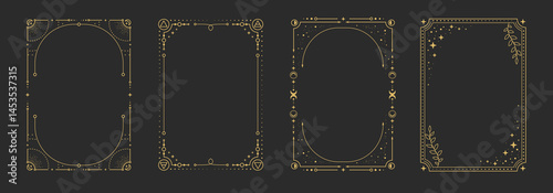 Set of modern magic witchcraft astrology frames with Four Elements, stars, sun and moon on black background. Line art occult vector illustration