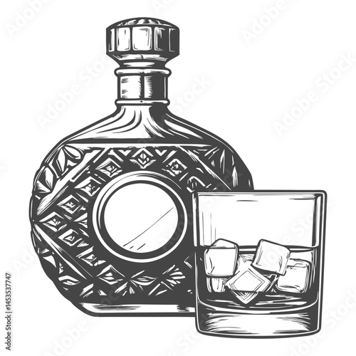 decorative liquor bottle and a filled whiskey glass, isolated on a white background sketch engraving generative ai raster illustration