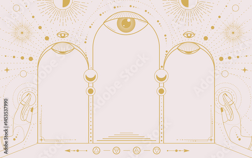 Modern magic witchcraft astrology arch frame with all-seeing eye, the Four Elements, stars, hands, sun and moon. Line art occult vector illustration