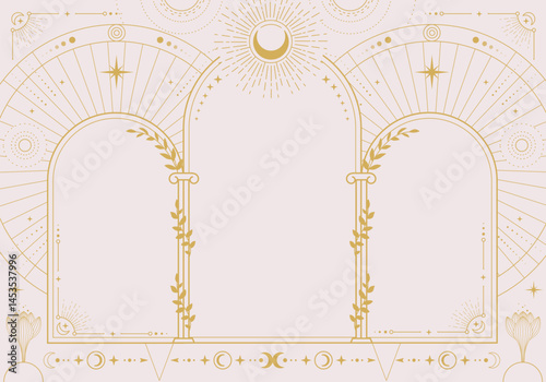 Modern magic witchcraft astrology arch frame with moon phases, arch, columns, flowers, stars, sun and moon. Line art occult vector illustration
