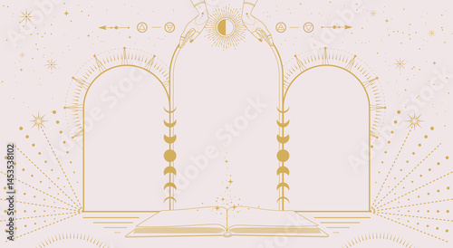 Modern magic witchcraft  astrology arch frame with Four Elements, open book, hands, stars, sun and moon. Line art occult vector illustration