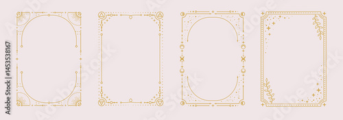 Set of modern magic witchcraft astrology frames with Four Elements, stars, sun and moon on white background. Line art occult vector illustration