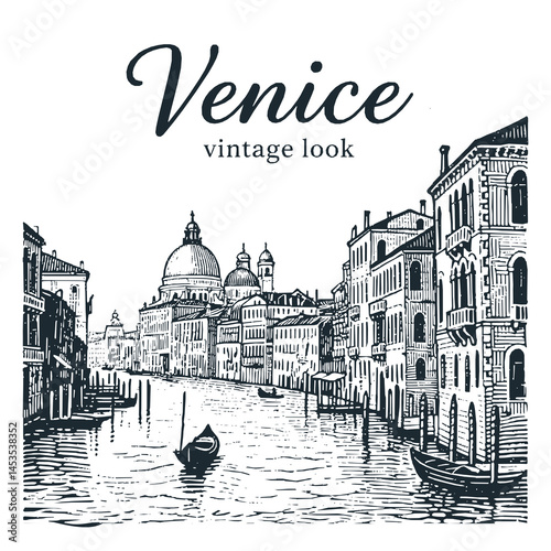 Venice Travel engraved black white illustration