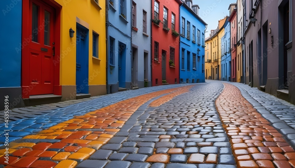 Fototapeta premium A stunning colorful streetscape in an old European town, with cobblestone road and vibrant facades.