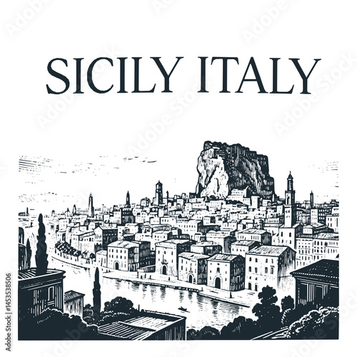 Sicily Italy Travel engraved black white illustration