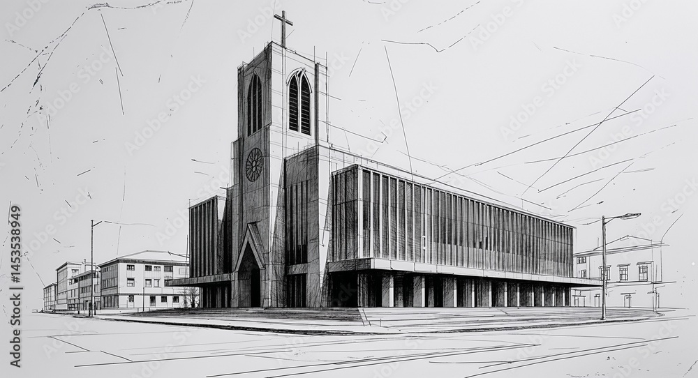 Fototapeta premium Large urban Church building design in sketch hand drawing black and white on plain white background
