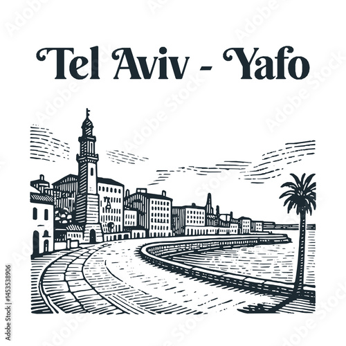 Tel Aviv Yafo Old City Travel engraved black white illustration