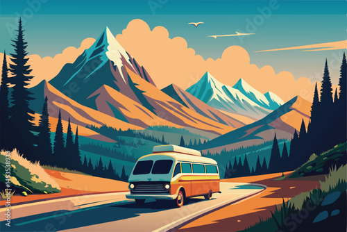 A vintage van journeys through a picturesque mountain landscape.