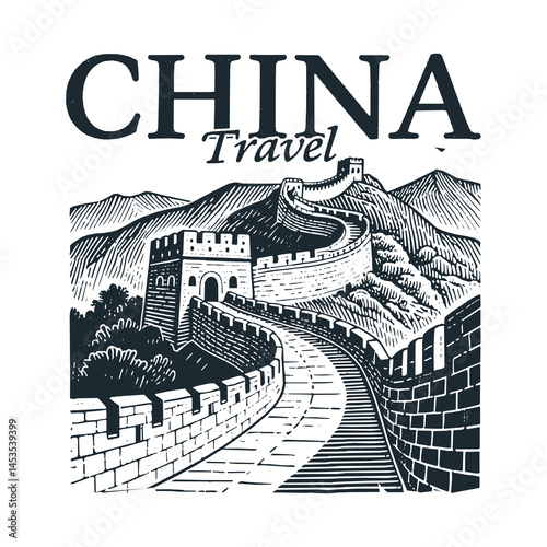 China Travel engraved black white illustration