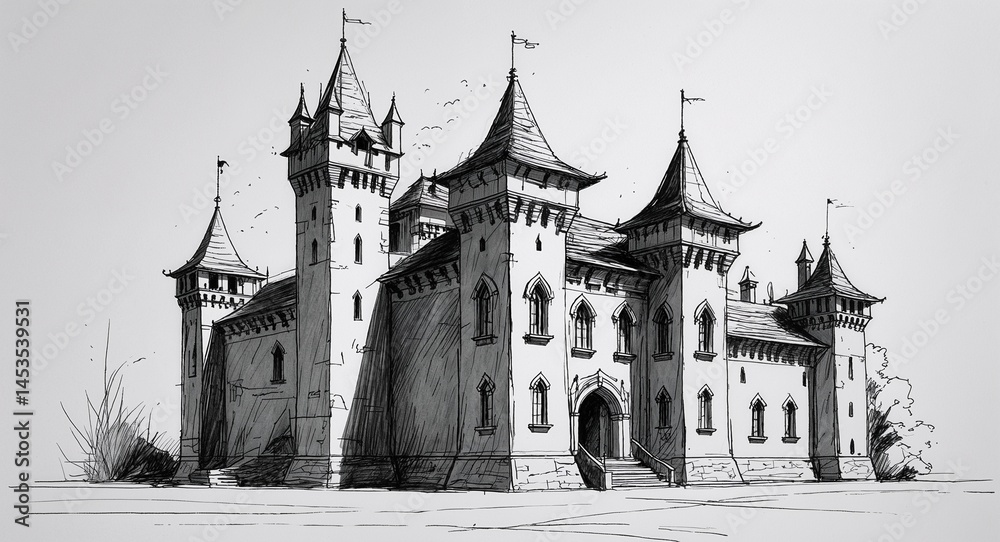 Obraz premium Medieval fantasy castle mansion building design in sketch hand drawing black and white on plain white background