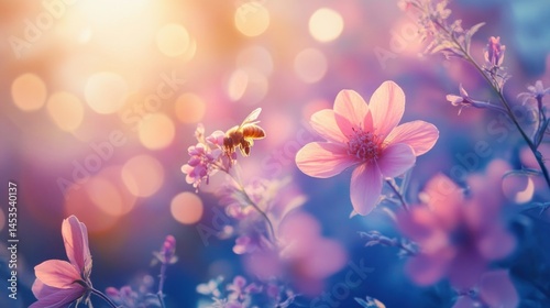 Soft-focus floral spring scene with bee