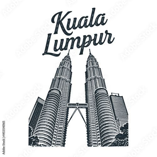 Kuala Lumpur letter and Twin tower. Engraved black white illustration.