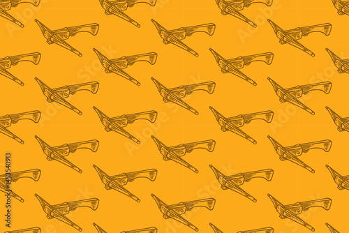 timber crossbow weapon doodle seamless pattern on yellow background for hunting merchandise. ranged weapon engraving pattern background for adventure. retro crossbow hatching illustration wallpaper