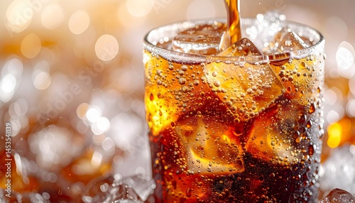 Refreshing Glass of Cola with Ice Cubes and Bubbles, Perfect for Cooling Down