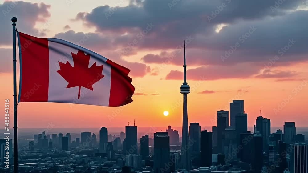 A huge Canadian flag flutters in the sky over a large city at sunset. Happy Canada Day, Happy Victoria Day, Canada independence day, Canadian, Independent, Animation Motion Graphic Video 