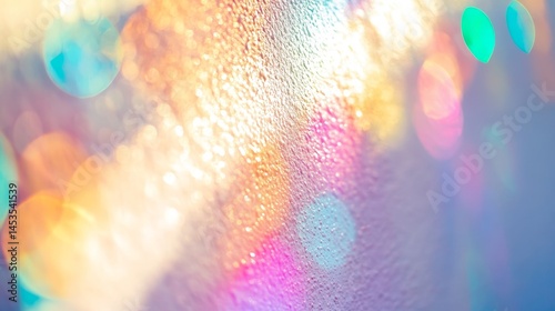 Dreamy holographic rainbow light refraction texture overlay with abstract soft bokeh effect on a white wall. Organic prismatic glow and natural shadows