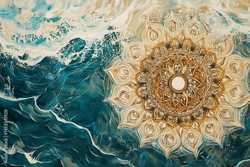 Detailed water artfully contrasts with the intricate gold mandala for an eye catching visual