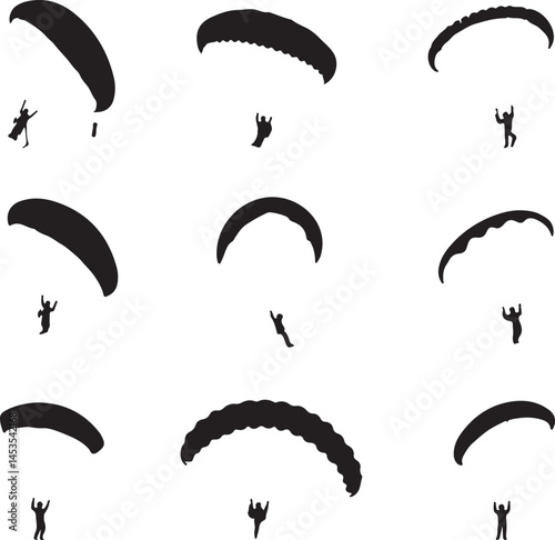 Black and White Silhouette of Paragliders in Flight: Vector Illustration of Paragliding Sport Activity for Graphic Design and Creative Projects