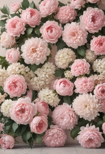 Pastel pink roses, peonies, hydrangeas vintage floral wall backdrop, still, wallpaper