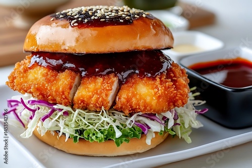 Delicious Crispy Chicken Katsu Burger with Sesame Bun