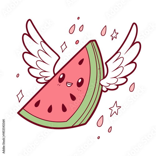 Flying Kawaii Watermelon Slice with Angel Wings – Vector Japanese Style Design