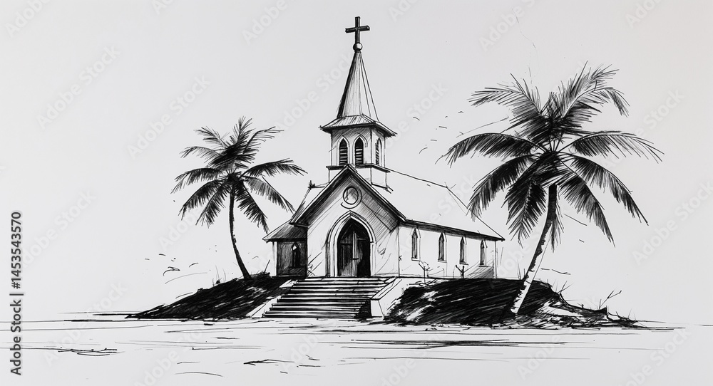 Obraz premium Tiny island Church building design in sketch hand drawing black and white on plain white background