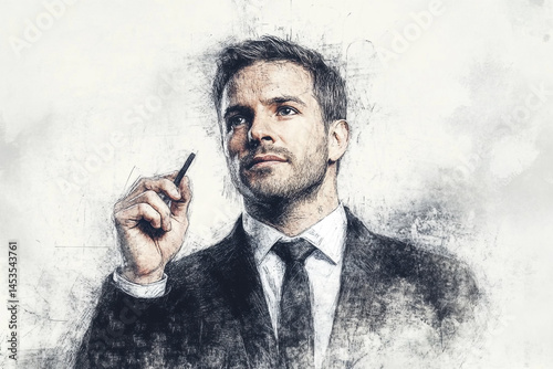 Thoughtful Businessman Sketch Pensive Professional Planning Strategy