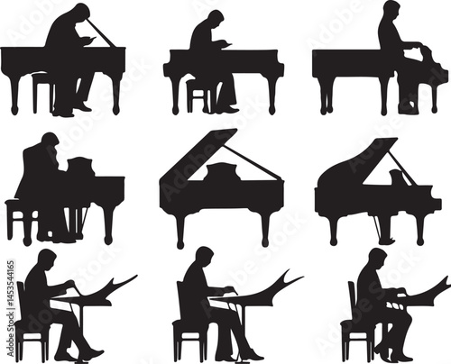 Piano Player Silhouettes: Vector Graphics of Pianists Playing Grand Pianos, Musical Performance Art, Black and White Clip Art Collection