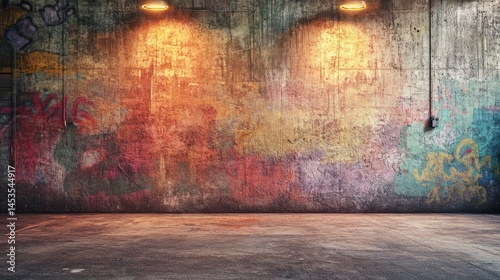 Urban graffiti-covered concrete interior