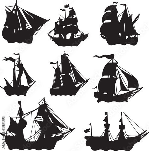 Silhouette of Sailing Ships: Vintage Tall Ships, Pirate Ships, and Old Vessels Vector Art for Nautical Themes and Maritime Designs
