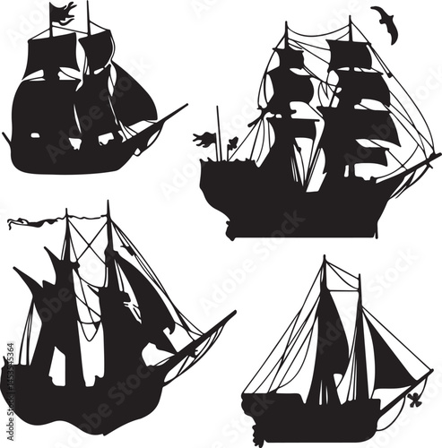 Silhouette of Pirate Ships Vector Illustration: Old Sailing Vessels, Tall Ships, Nautical Theme, Pirate Flag, Black and White Graphic Art