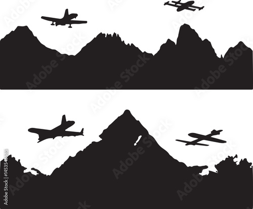 Silhouette Mountain Landscape with Airplanes Flying Above, Black and White Vector Illustration, Aviation Travel and Adventure Design