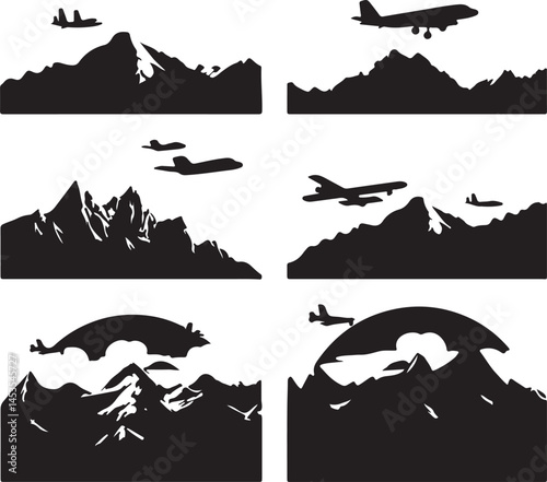 Silhouette Art of Airplanes Flying Over Mountain Ranges: Vector Graphic Illustration of Aviation and Nature Scenery for Design Projects