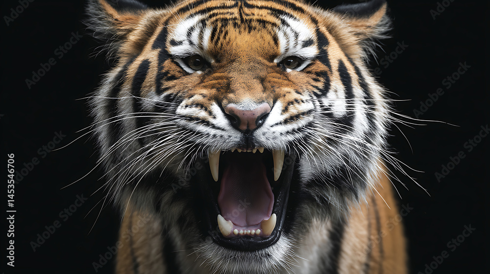 Fototapeta premium Close-up of a roaring tiger showcasing its fierce expression against a dark background