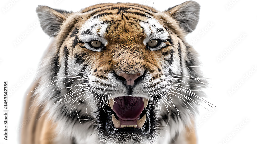 Fototapeta premium Fierce close-up of a roaring tiger showcasing its powerful jaws and intense gaze against a white backdrop