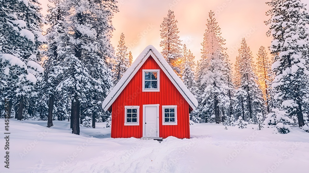 Idyllic Red Cabin in Snowy Winter Forest at Sunset Scenic Landscape Photography Idyllic Red Cabin in Snowy Winter Forest at Sunset Scenic Landscape Photography