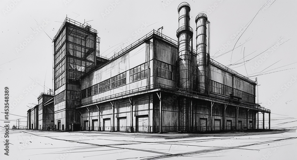 Fototapeta premium Industrial factory building design in sketch hand drawing black and white on plain white background