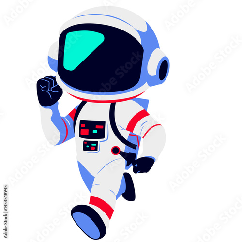 A cartoon astronaut walking forward with a clenched fist, wearing a white spacesuit with red and blue accents. The dark visor and control panel add a futuristic and confident touch.