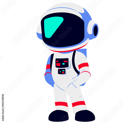 A cartoon astronaut in a white spacesuit with red stripes, standing with one hand on the hip. The dark visor with a teal reflection adds a futuristic and confident touch.
